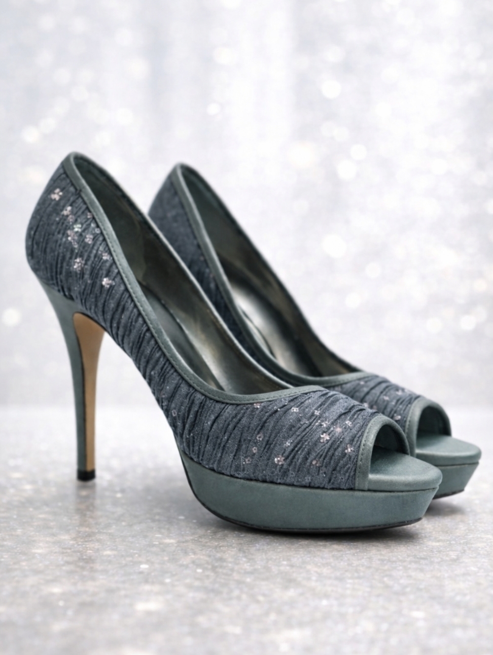 Antonio Melani Gray Peeptoe Platform Heels with Sequin Sparkle